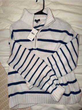 Splendid White Half-Zip Sweater with Navy Stripes